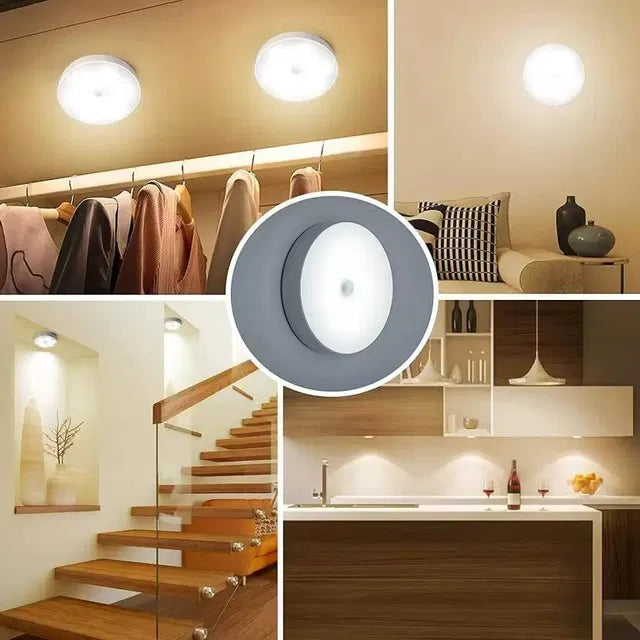 Motion sensor LED light shown in different home areas like wardrobe, stairs, and kitchen