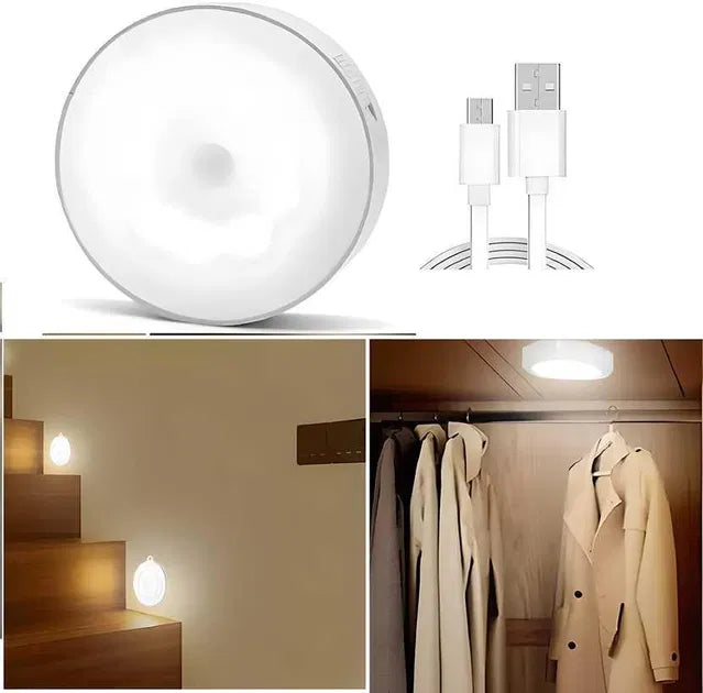 Round motion sensor light with USB charging cable, shown installed on stairs and inside a wardrobe.